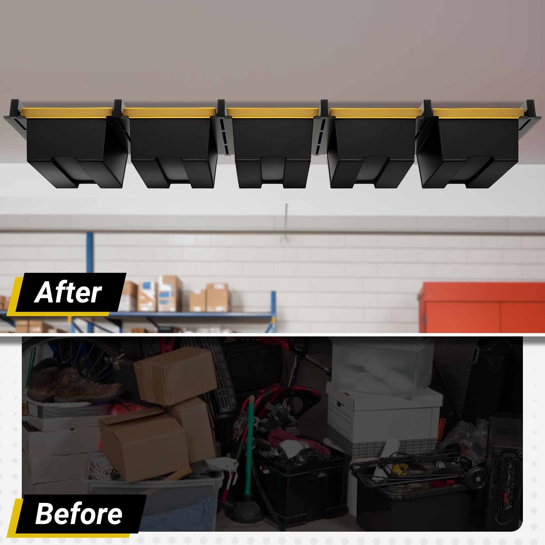 Rack portaoggetti da soffitto per garage a 5 contenitori, resistente, verniciato a polvere, per garage, capannoni, magazzini (6 pezzi, per 5 bidoni)