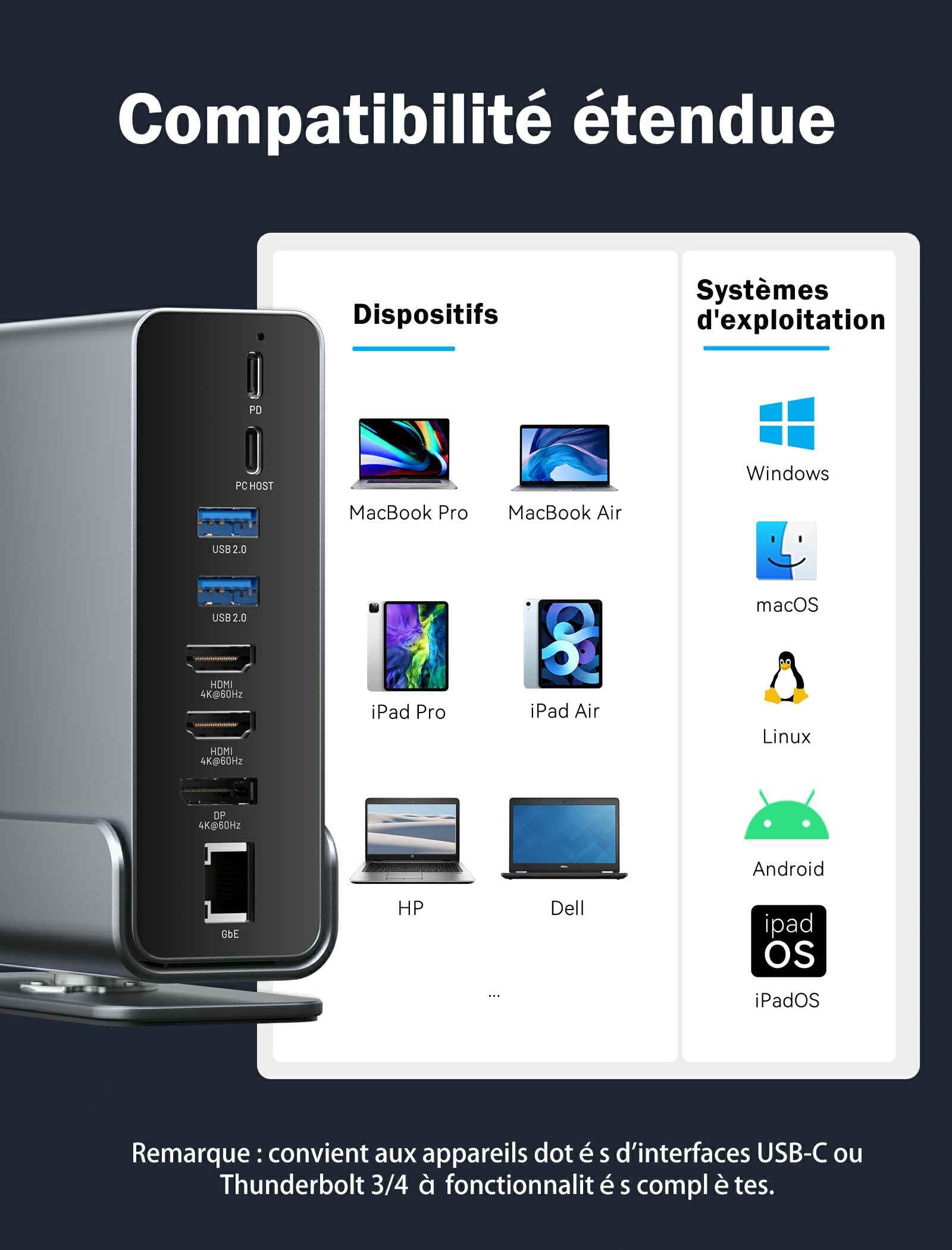 VENTION Station d'accueil USB C 16 en 1 Triple Moniteur pour Ordinateur Portable Dock USB C avec Double 4K@60Hz HDMI, 4K@60Hz DP, 10Gbps USB Ports, RJ45, Audio, SD/TF, PD100W