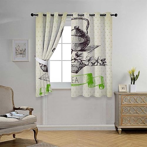 Miniatura 2 de Cortinas para Cocina Retro Tea Graffiti Grommet Short Curtain Divider for Room Separation Tapestry Curtains 63Inch Width by 63Inch Length,2 Panels