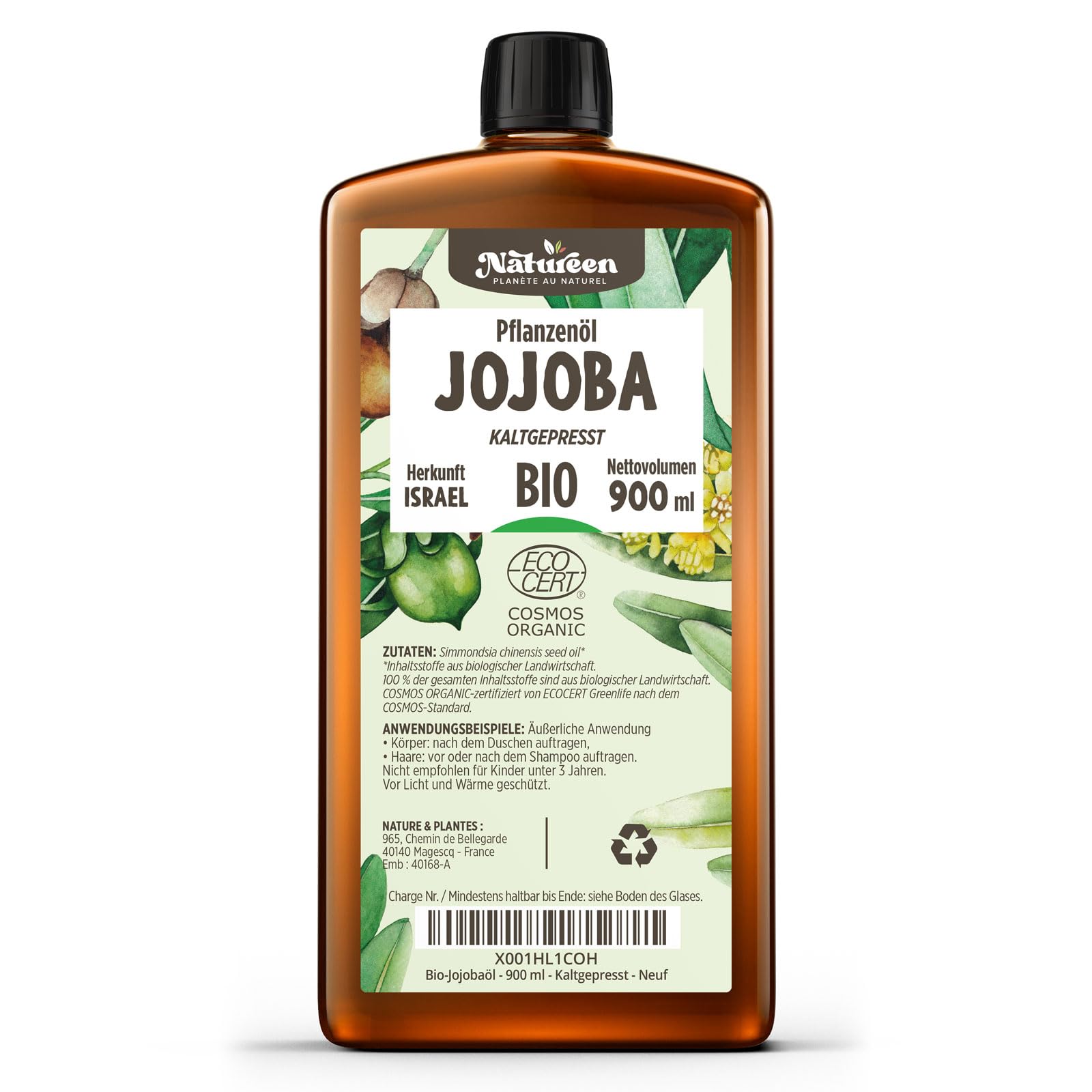 Jojobaöl Bio 900 ml - 100% Bio, Rein, Natürlich & Kaltgepresst, Haare und Nägel, Gesichtsöl und Körperöl, Vegan & Hexanfrei