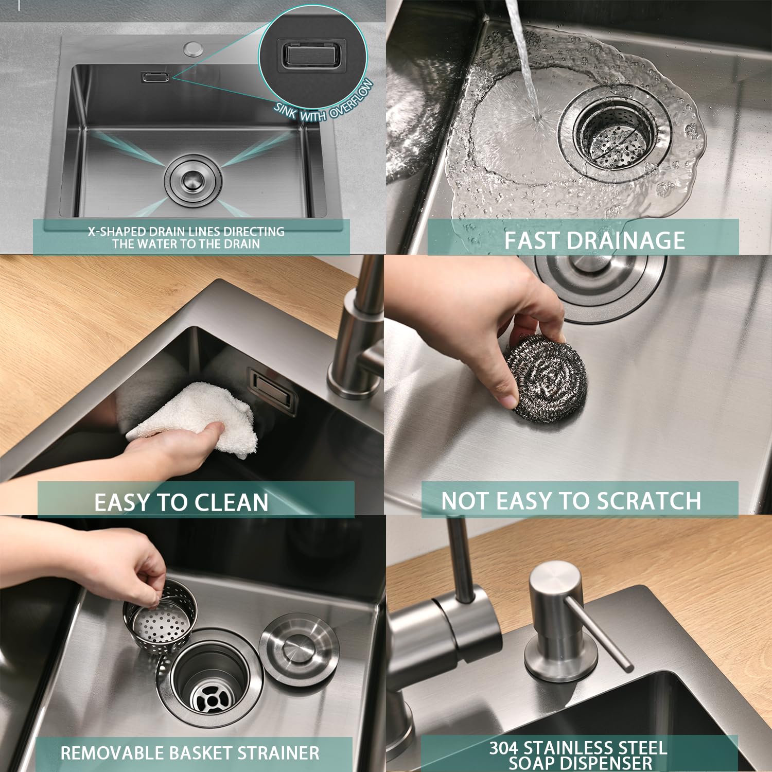Fregadero de acero inoxidable 40 x 45 cm antracita + grifo de cocina extensible, juego completo de fregadero de cocina BoomHoze cuadrado empotrable pequeño para armario bajo de 40 cm