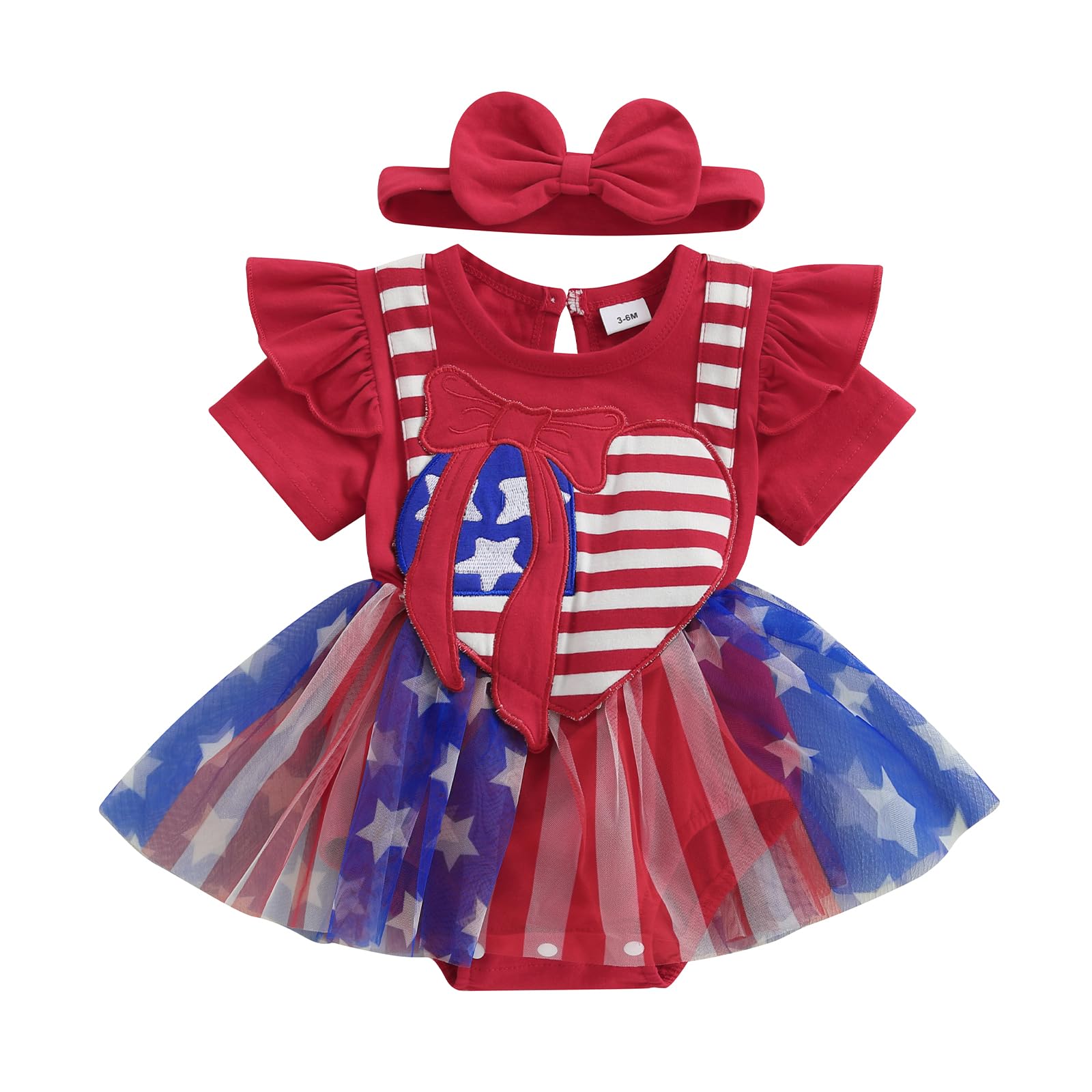 FYBITBO Baby Girl 4th of July Outfit American Flag Romper Onesie Fourth of July Smocked Tulle Dress Summer Clothes (Red USA flag, 9-12 Months)