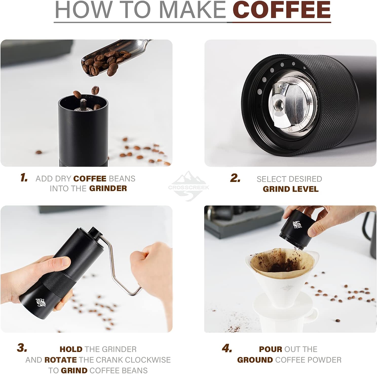 Manual Coffee Grinder, Black Portable Hand Coffee Grinder with 36 adjustable settings by CrossCreek, CNC Stainless Steel Burr Mill for Cafe Home Office Traveling Camping 6255-41201-01A