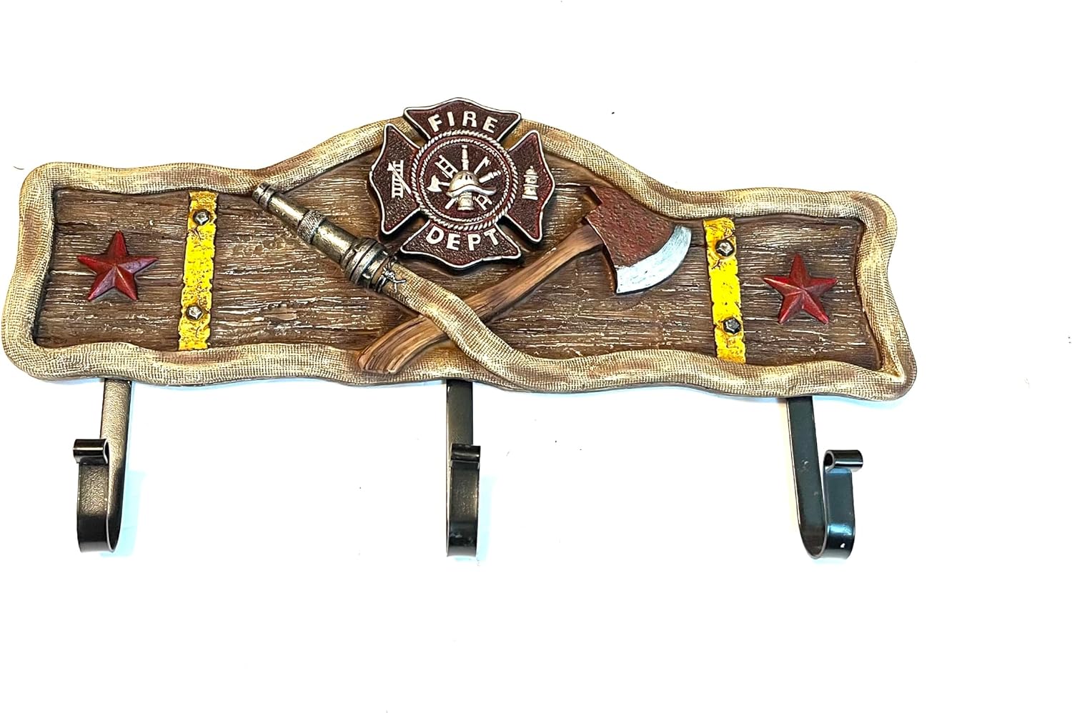 Rustic Fireman Fire Department Emblem Axe Hose Edge Wall Hook Key Holder Coat Hanger 3 Hooks Hand Painted Decoration Poly Resin
