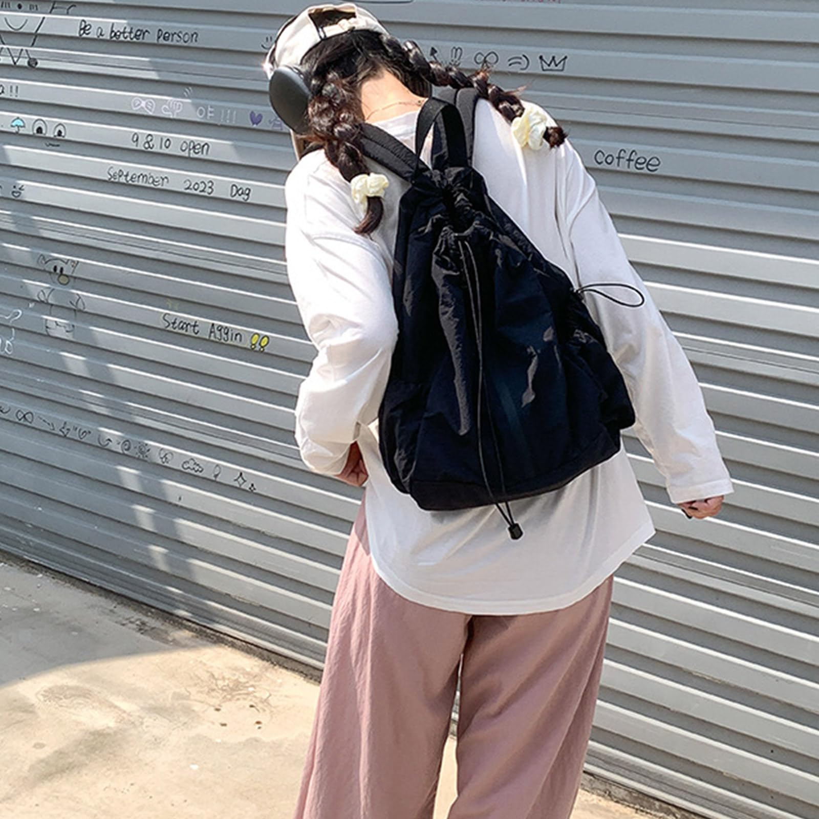 Zaino da viaggio da donna, zaino scolastico per studenti, con coulisse, grande capacità, casual, per lavoro, increspato, con coulisse, borsa da scuola di grande capacità