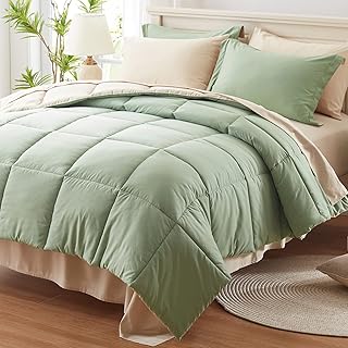 Anluoer Queen Comforter Set 7 Piece, Sage Green Bed in a Bag with Sheets, All Season Bedding Comforter Sets with 1 Comforter, 2 Pillow Shams, 2 Pillowcases, 1 Flat Sheet,1 Fitted Sheet