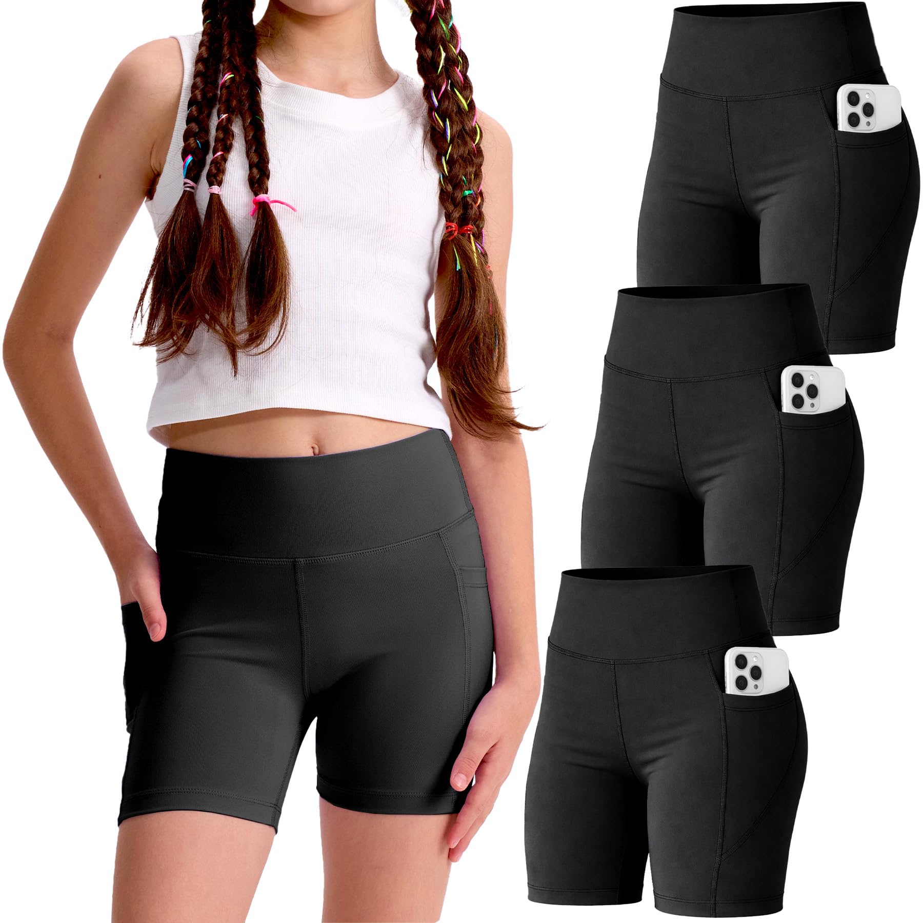 3 Pack Girls 4 Biker Shorts with Pockets High Waisted Athletic Running Yoga Shorts for Kids Teen