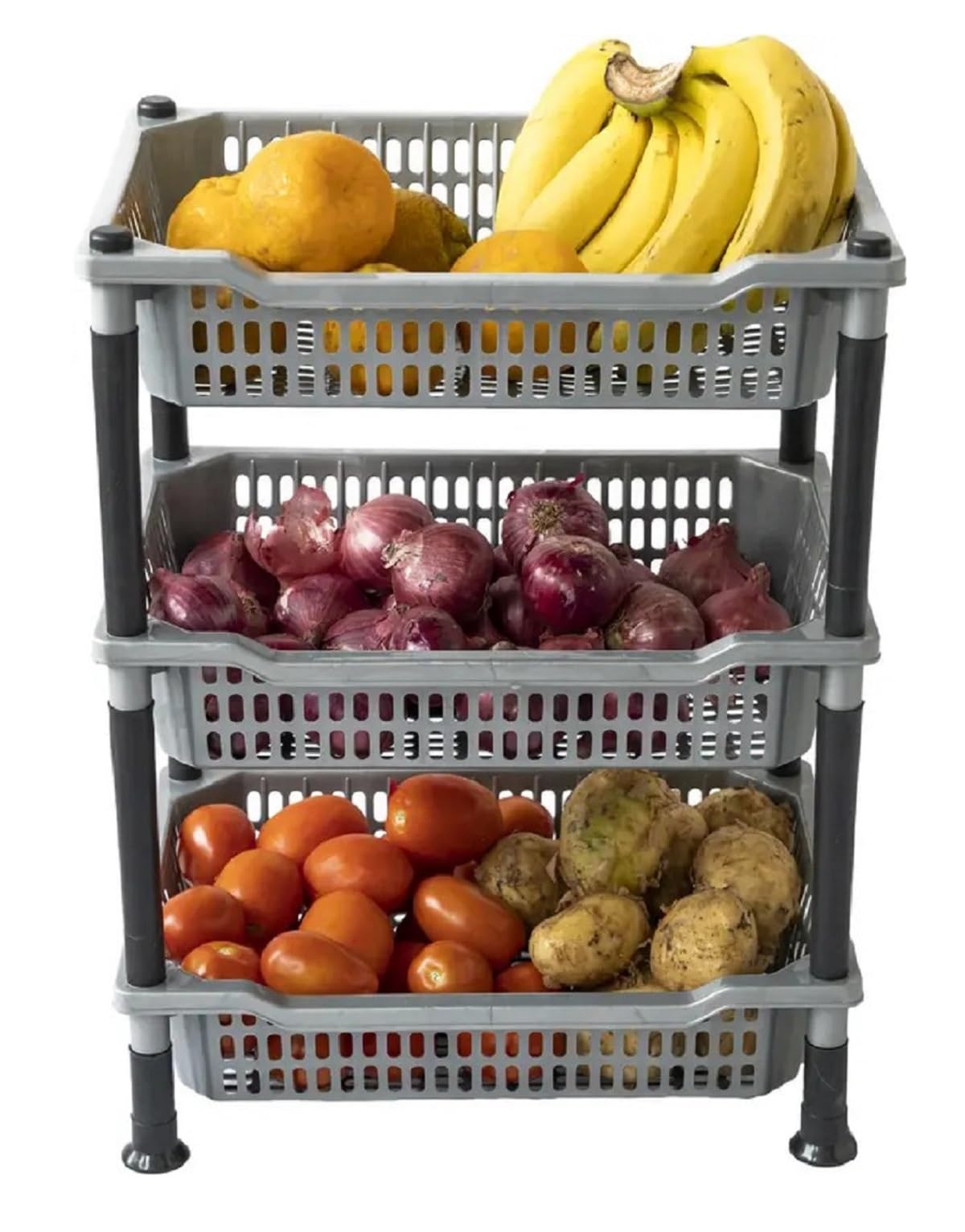 Plastic Storage Rack for Kitchen, Onion Potato Sabji, Fruit Corner Storage Stand Basket, Folding Rack, Countertop Kitchen Organizer Cart, Trolley Rack (Silver Plastic Trolly)-image-28