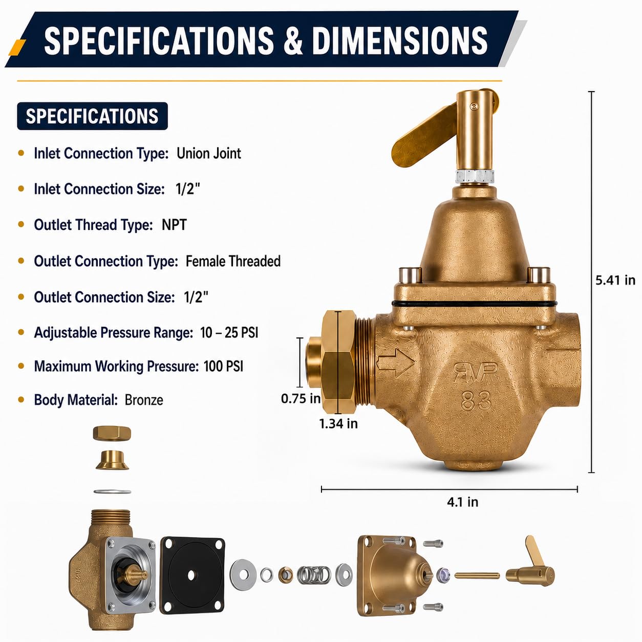 Regulador de presión de agua de alimentación de caldera de alta capacidad de bronce de 1,27 cm – Reemplazo directo para Watts 1156F, B1156F, S1156F – Ajustable 10-25 PSI – Sistemas de
