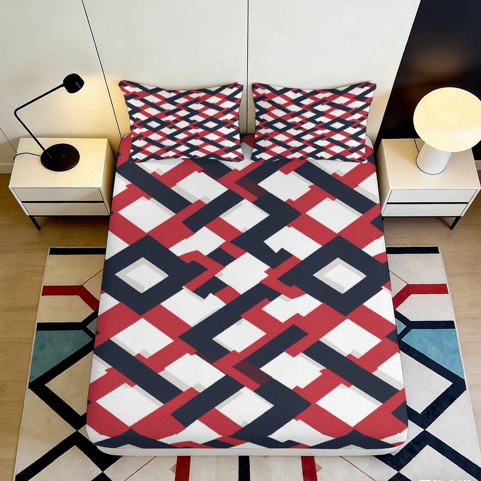 3D Printed Geometric Lattice Fitted Sheet Microfiber Red Black White Pattern Mattress Cover Bedroom Decor 90x200x25cm