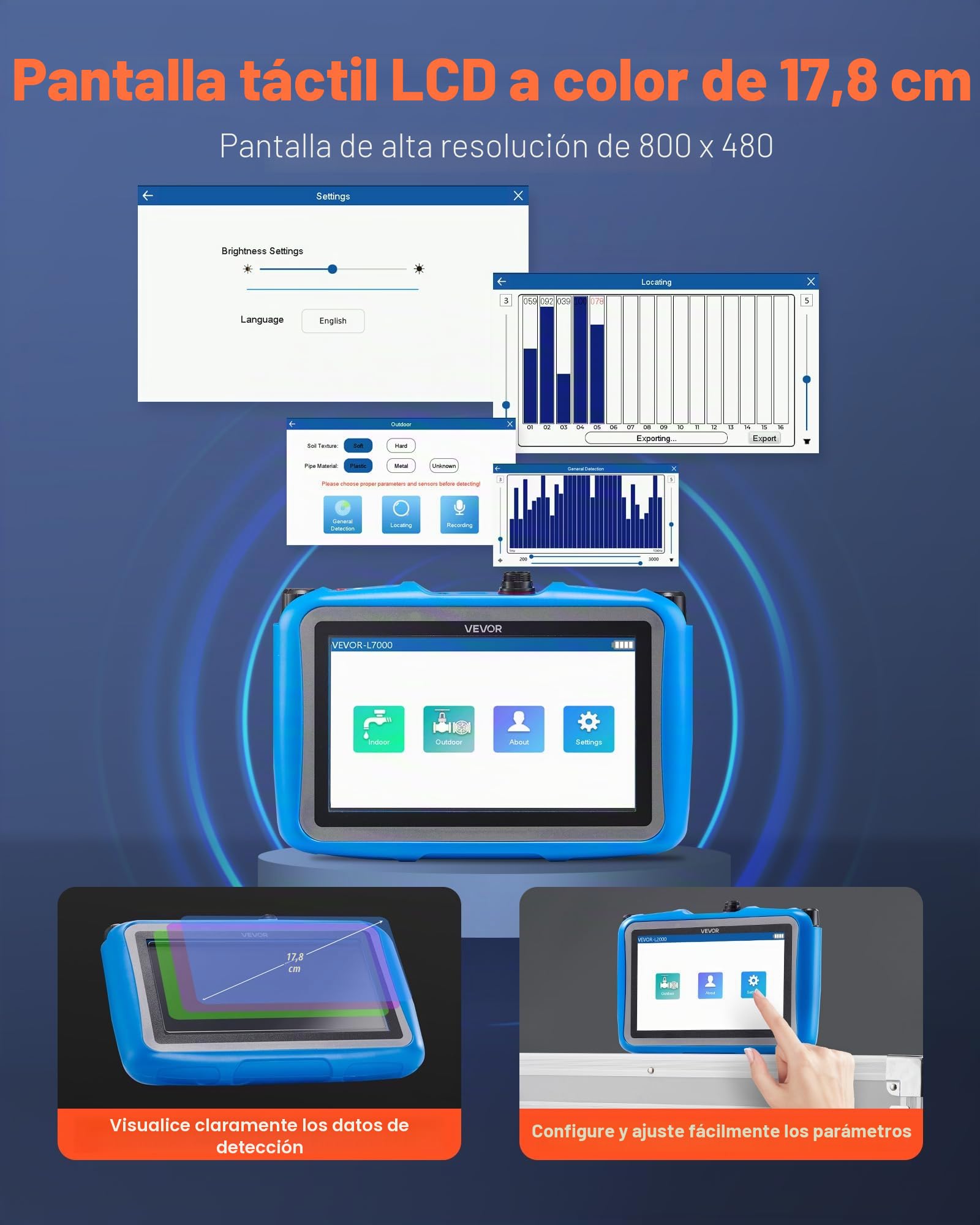 VEVOR Detector de Fugas de Agua para Tuberías Subterráneas, 1–10 000 Hz, Pantalla Táctil 17,78 cm, 5 m de Longitud, con Sensor Mediano, 3 Varillas de Escucha, Auriculares y Estuche de Transporte