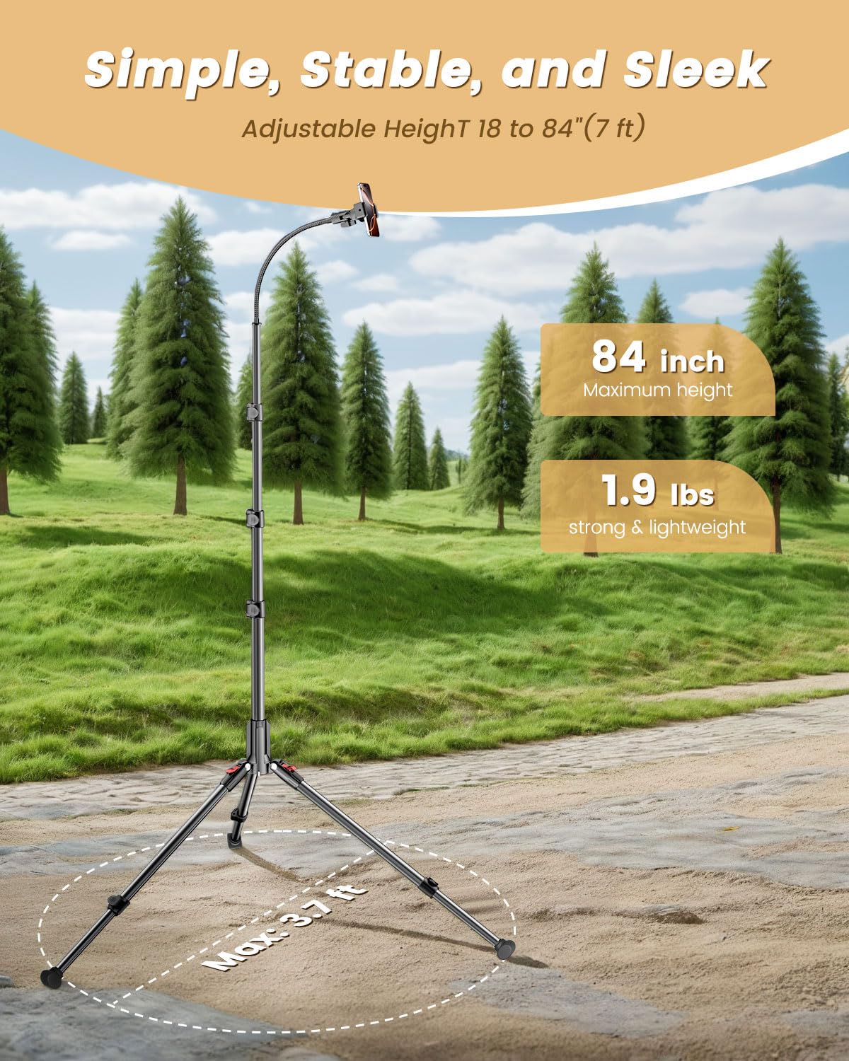 CAMBOFOTO Trépied de téléphone portable de 210 cm pour smartphone, col de cygne de 25 cm et tête réglable à 360 °, perche à selfie pour iPhone/Android