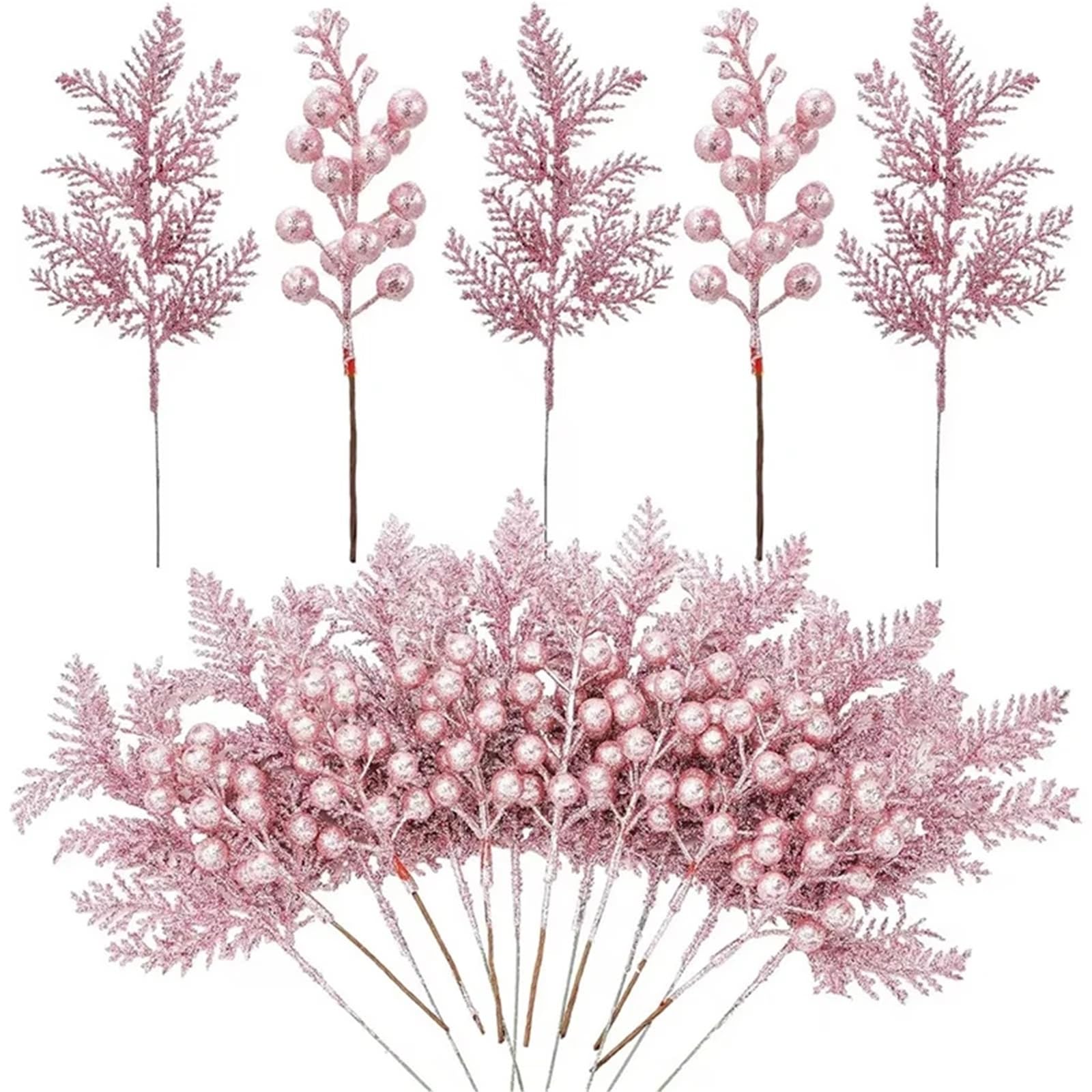 TGDGFKIAS Artificial Pine Branches, Christmas Glitter Artificial Pine Needles & Berry Bouquet Pack of 20 Multicolor Tree Decor(Roze)