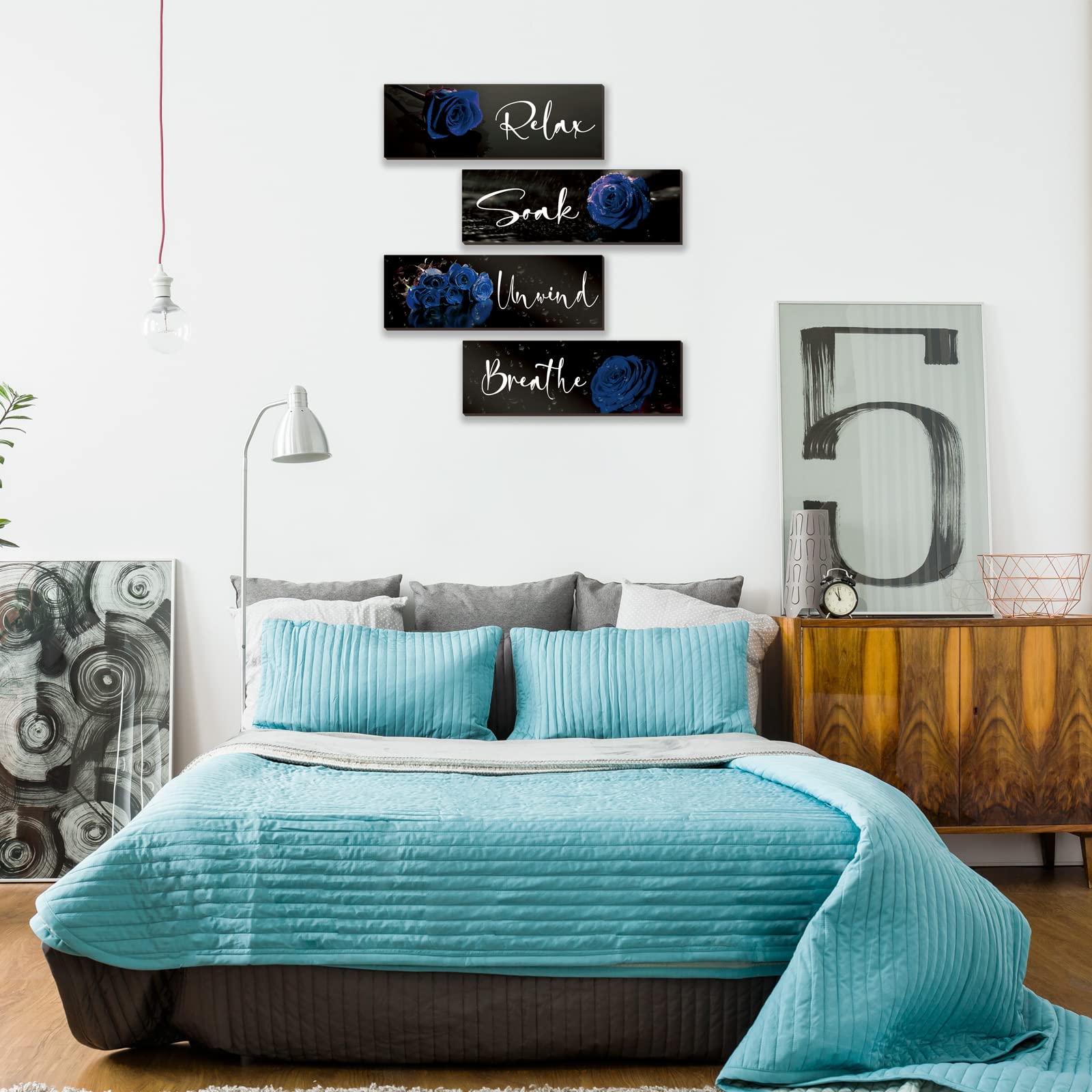 3er Set Blaue Rosen Holz-Wanddekoration – 30,5x10,2 Cm, Positive Sprüche Für Bad, Schlafzimmer & Büro