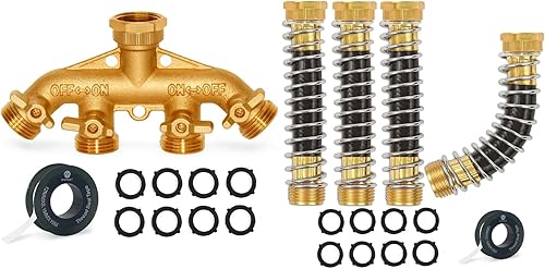 Morvat Divisor de latón de 4 vías, conector de colector de manguera de jardín con válvulas de encendidoapagado de agarre cómodo, incluye kit de