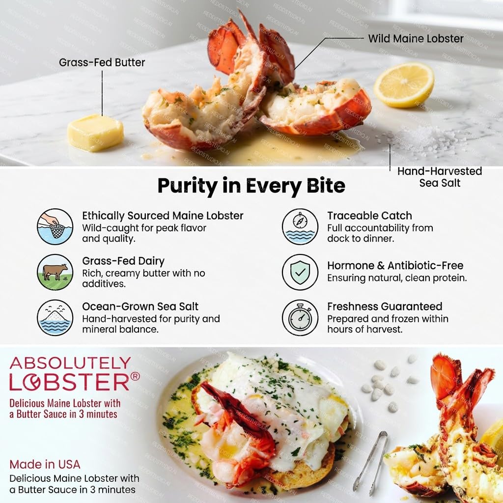 Frozen Maine Lobster Tails – 5-6 oz Each, 8 Tails per Case | Wild Split Maine Lobster Tail with Grass-Fed Butter & Sea Salt, Microwaveable from freezer to plate in 90 seconds Shipped With Dry Ice Overnight