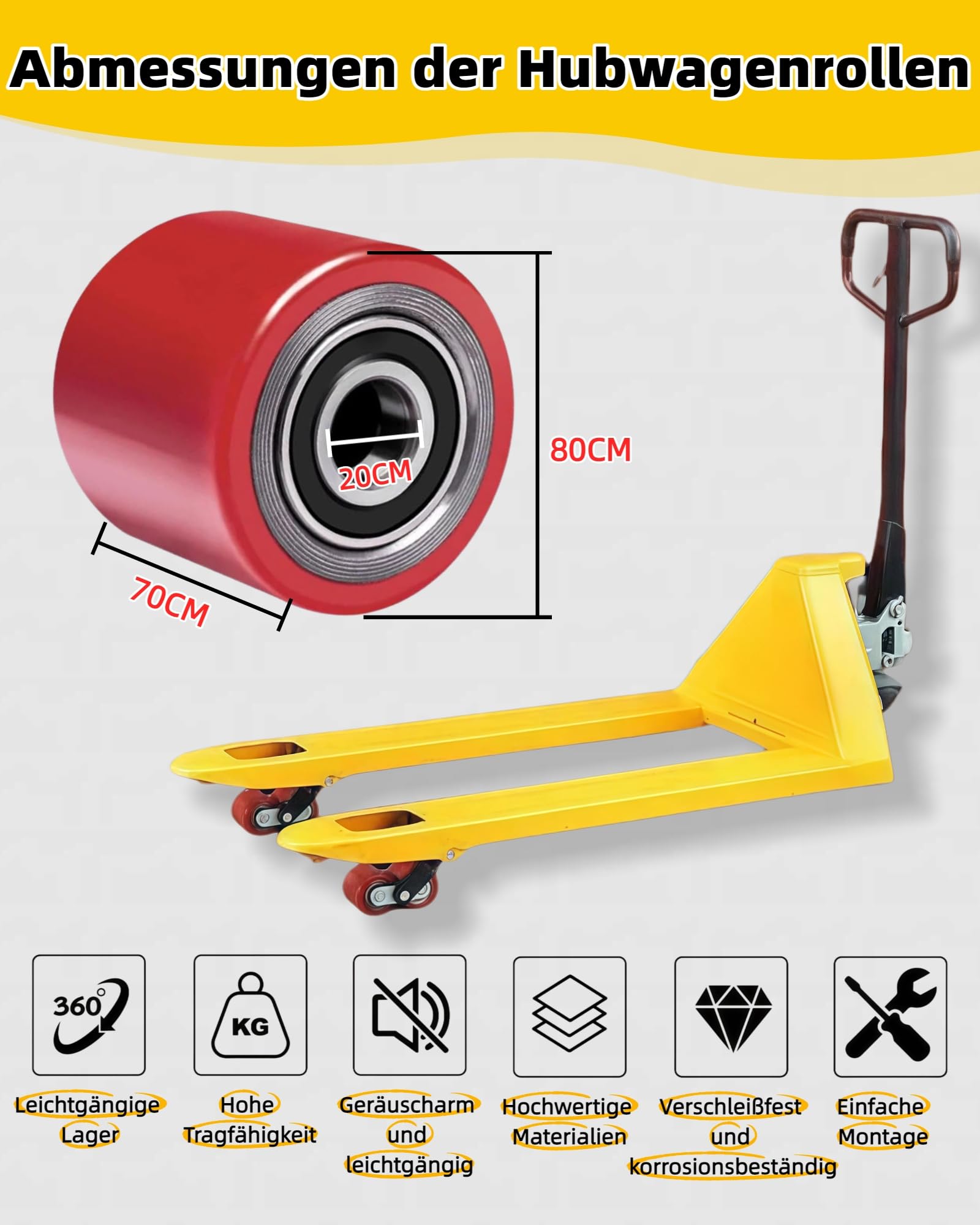 AmoreTempo【80 x 70 mm】4 Stück Hubwagenrollen Polyurethan PU Laufrolle Räder mit Achse 20 mm Inkl Kugellager Rollen Gabelhubwagenrolle Lastrolle für Hubwagen Ersatzrollen, Max. Belastung 600 KG Rot