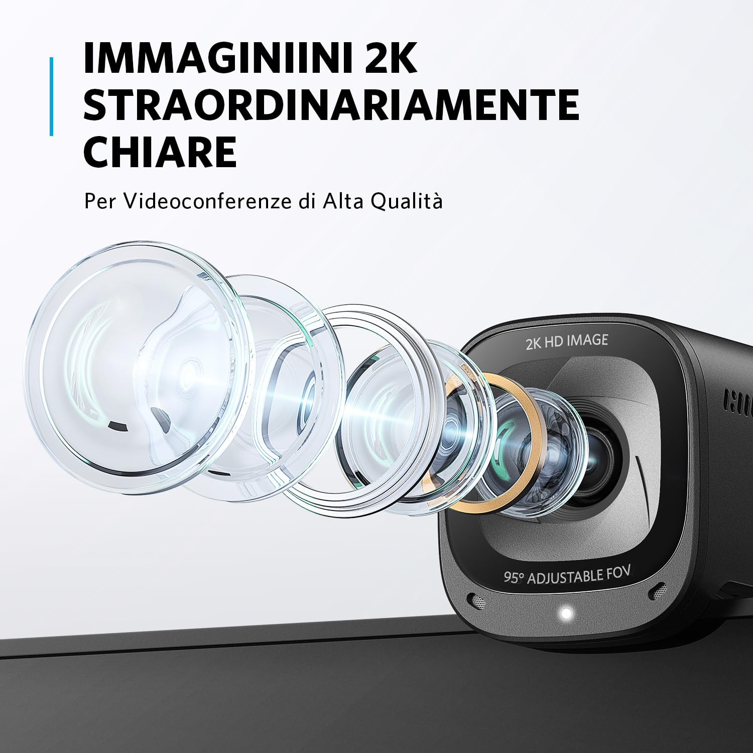 AnkerWork PowerConf C200 2K USB Webcam per laptop e computer, microfoni con cancellazione del rumore AI, stereo, campo visivo regolabile, correzione della luce bassa, copertura privacy integrata