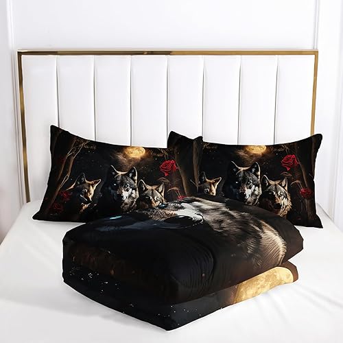 Miniatura 5 de AILONEN Juego de edredón de lobos, tamaño Queen para niños y niñas, juego de ropa de cama de 3 lobos y rosas rojas y 3 lobos, juego de edredón con