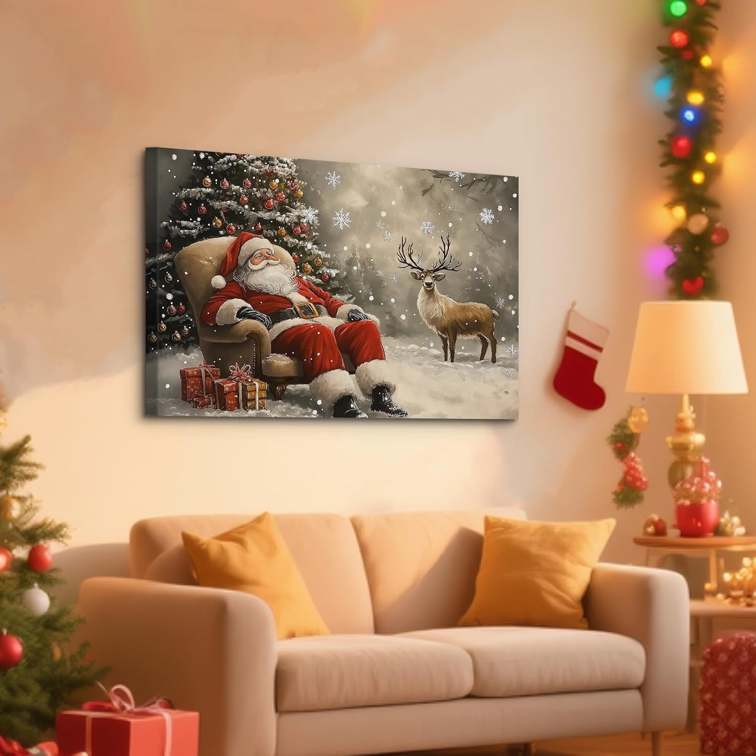 Craftline - Christmas Santa Claus Canvas Wall Art, Red Suit Santa Sleeping with Reindeer Christmas Tree Picture Rustic Farmhouse Artwork Mantelpiece Festive Bedroom Entryway Decor 16x12inch
