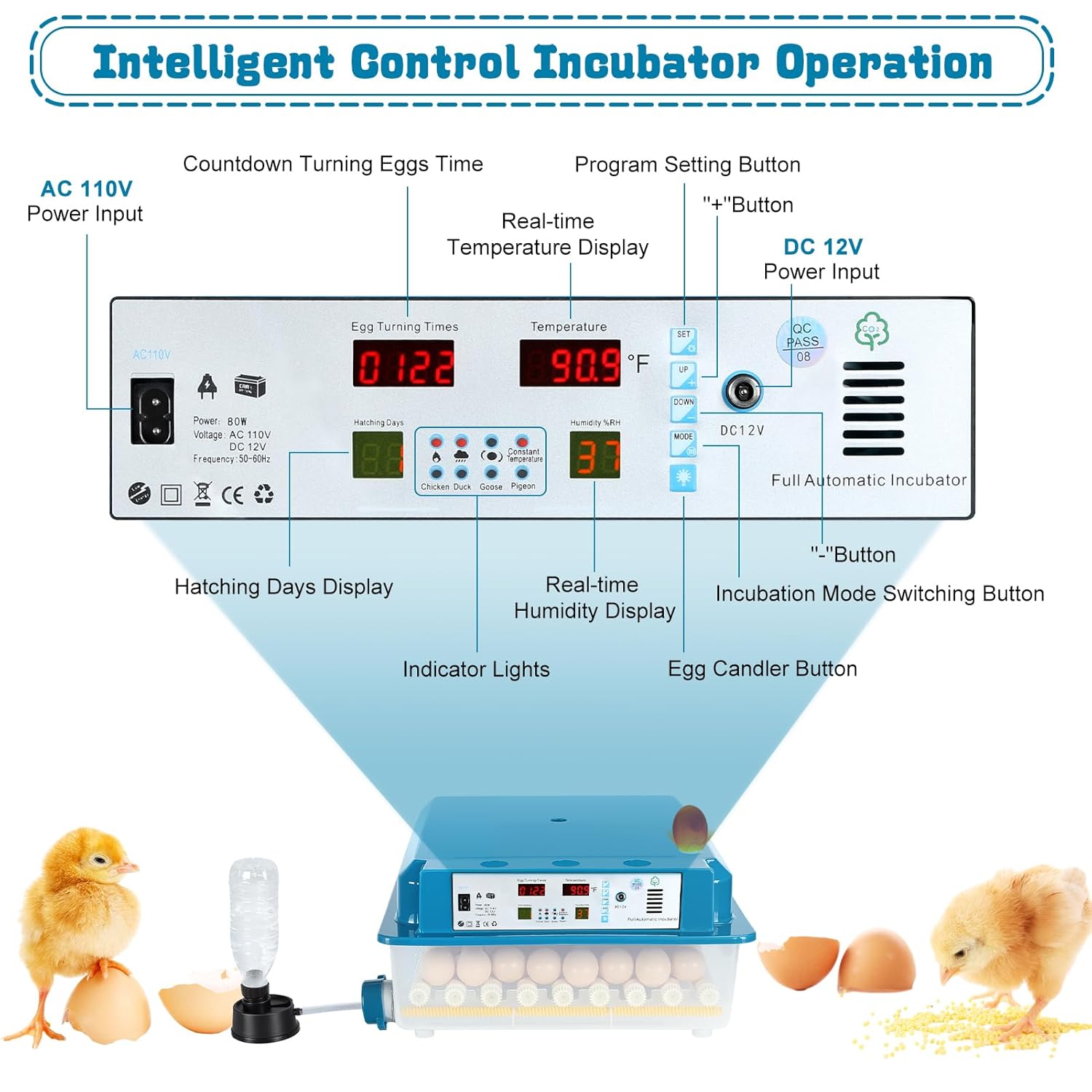 Incubators for Hatching Eggs,64 Egg Incubator with Automatic Turner, Digital Temperature & Humidity Control, Dual Power for Hatching Chicken, Duck, Goose, Bird, Quail Eggs