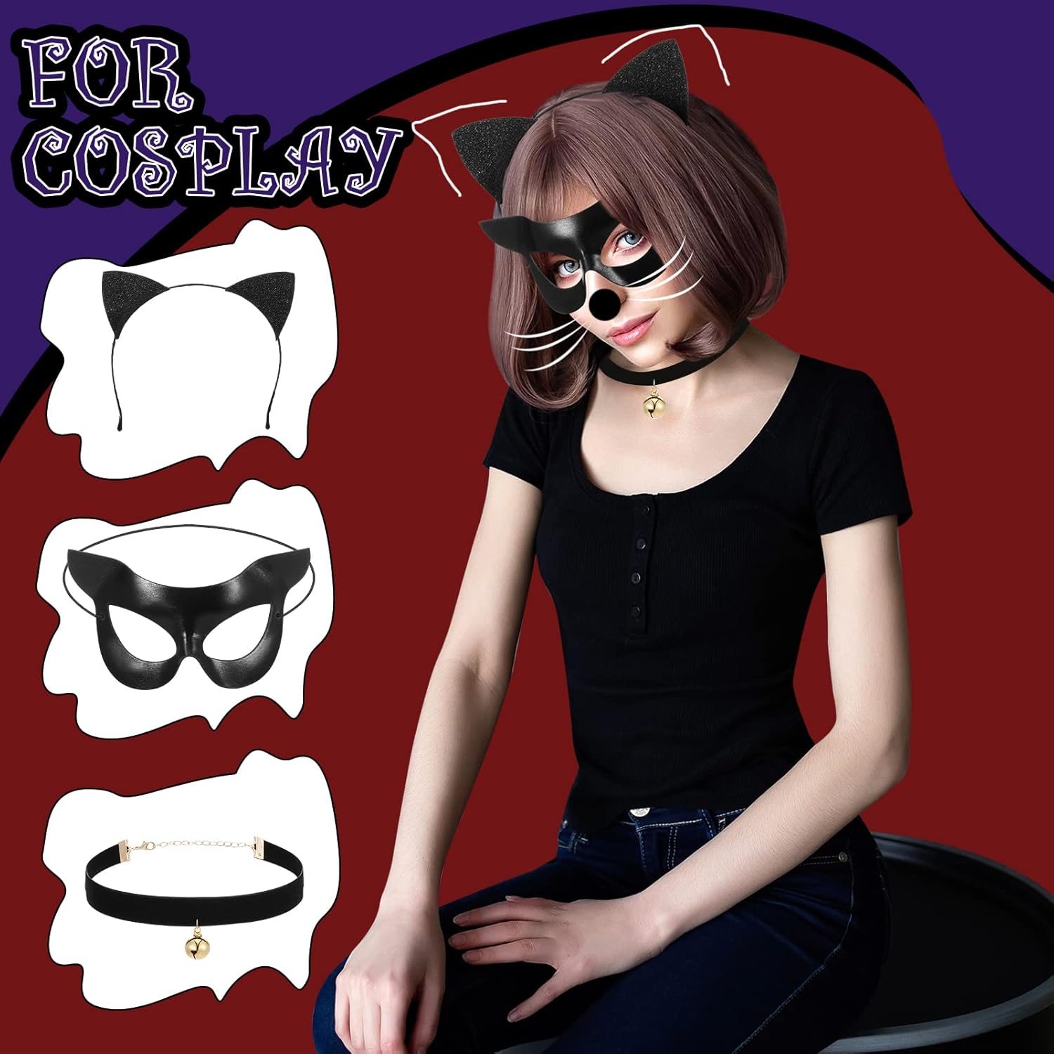 Sratte 3 Pcs Halloween Cat Masks Costume for Woman Include Cat Face Eye Masquerade Mask Black Ear Headband Bell Collar for Cosplay Costumes Dress up Theme Party Favors Decorations - Image 2