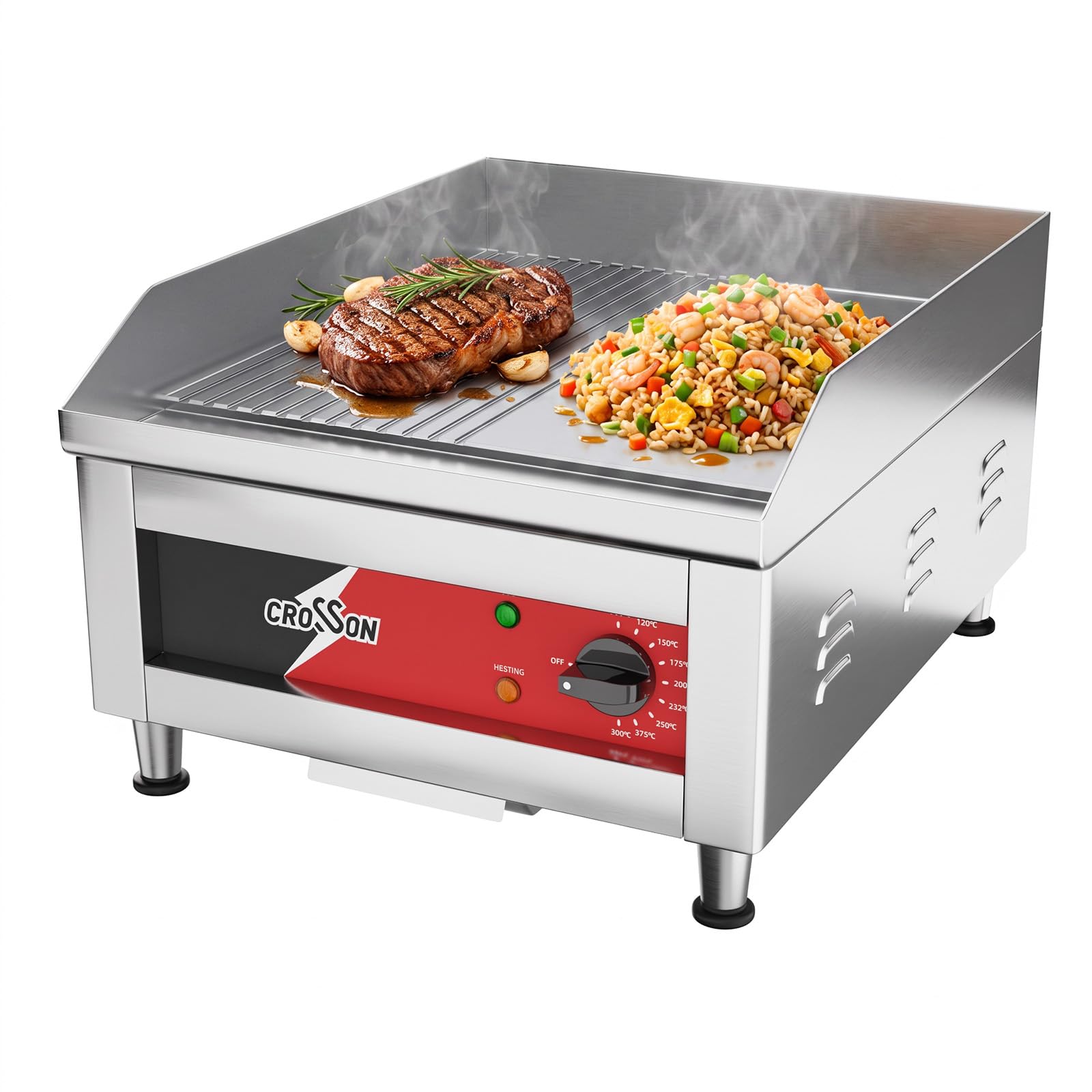 CROSSON Plancha Eléctrica Comercial 2500W, Plancha Eléctrica Cocinar Profesional de Fundición de 10mm de Espesor Anti-adhesivo 40x40 cm,Temperatura de 88-300 °C,para Restaurante,Cocinas