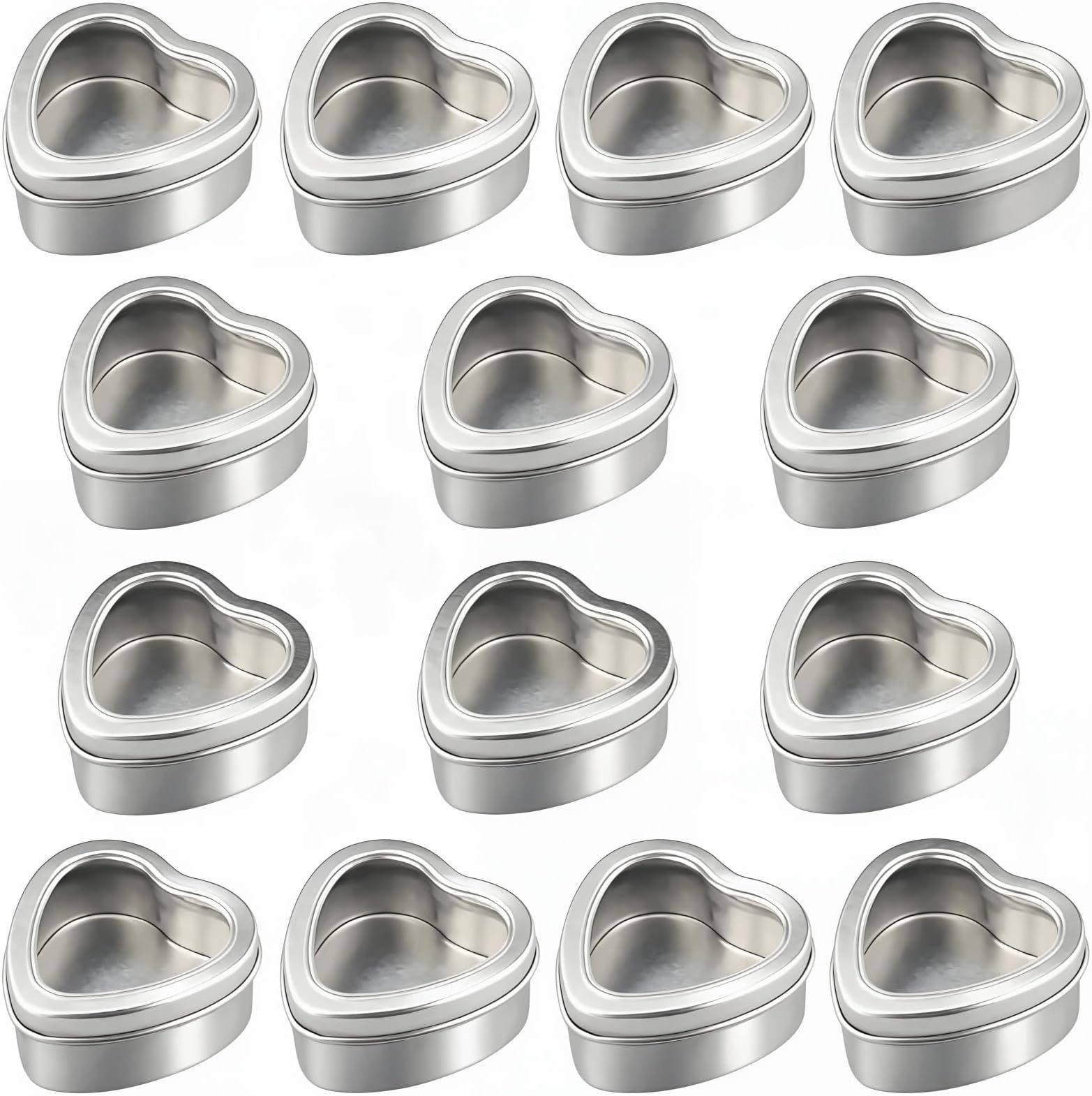 Goodma 14-Pack 60ml Empty Heart Shaped Silver Metal Tins with Clear Window for Candle Making, Candies, Gifts & Treasures