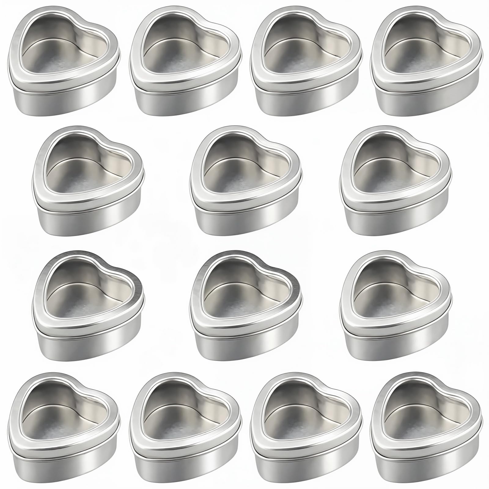 Goodma 14-Pack 60ml Empty Heart Shaped Silver Metal Tins with Clear Window for Candle Making, Candies, Gifts & Treasures