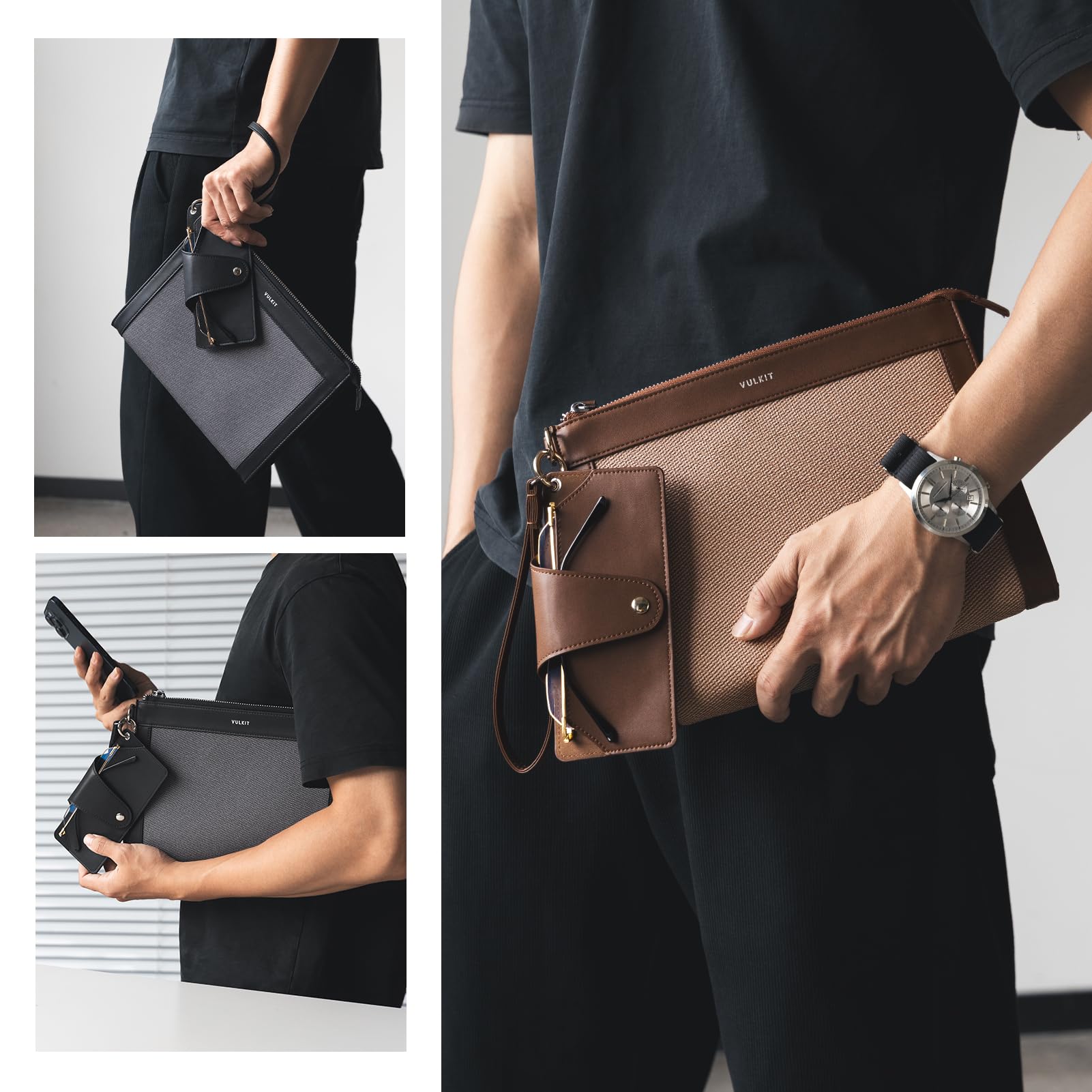 VULKIT Bolso de mano para hombre, con funda extraíble para gafas, cartera grande con cremallera, bolso de negocios, azul marino, Medium