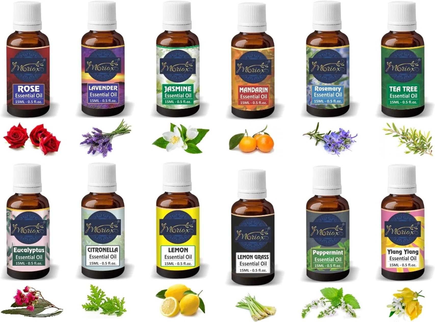 essential oils set | rose, lavender, jasmine, mandarin, rosemary, tea tree,eucalyptus, peppermint,lemon, lemon grass, ylang ylang,citronella | aromatherapy diffuser massage oil (15ml pack of 12)