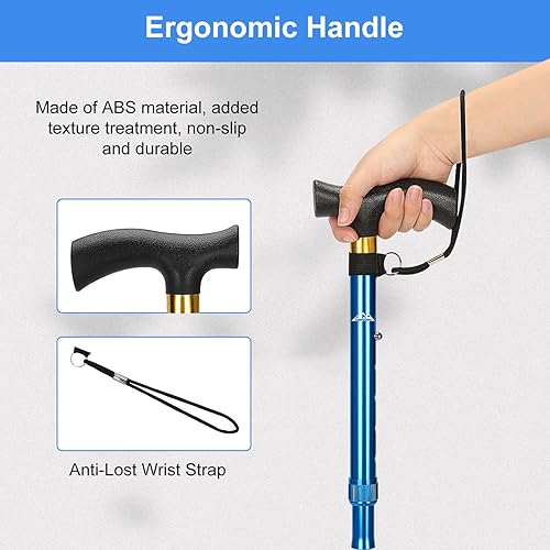 Miniatura 5 de supregear Bastón plegable, bastón plegable de aluminio de altura ajustable de 5 niveles, bastón plegable con mango en T y correa de muñeca