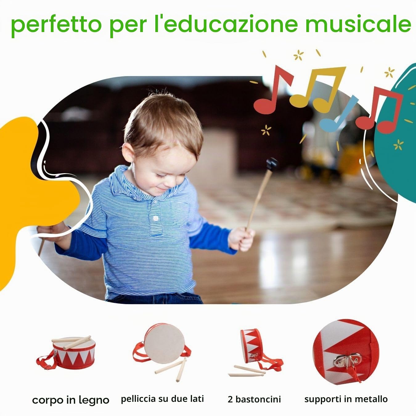 3845r - Tamburo musicale per bambini, in legno, con cinghia per il trasporto e bacchette D: 20 cm