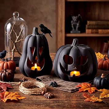 Tioncy 2 Pack Fall Decor Halloween Decorations Terracotta Pumpkin Decoration Handmade Clay Pumpkin Jack-o-Lantern Halloween Tealight Holder Rustic Farmhouse Fall Home Decor for TableBlack
