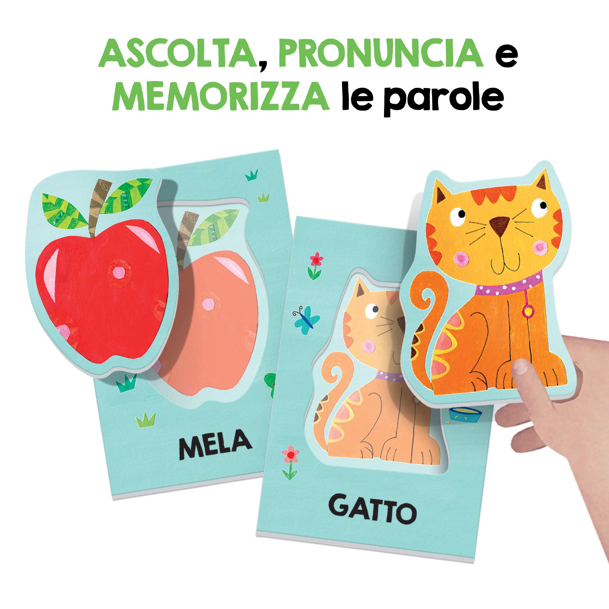 HEADU - Baby Flashcards Montessori - Ascolta e Pronuncia le Prime Parole| Giochi Educativi 1 2 3 Anni, Carte Sagomate ad Incastro, Giochi Montessori per Imparare Prime Parole, Regalo Bambina Bambino