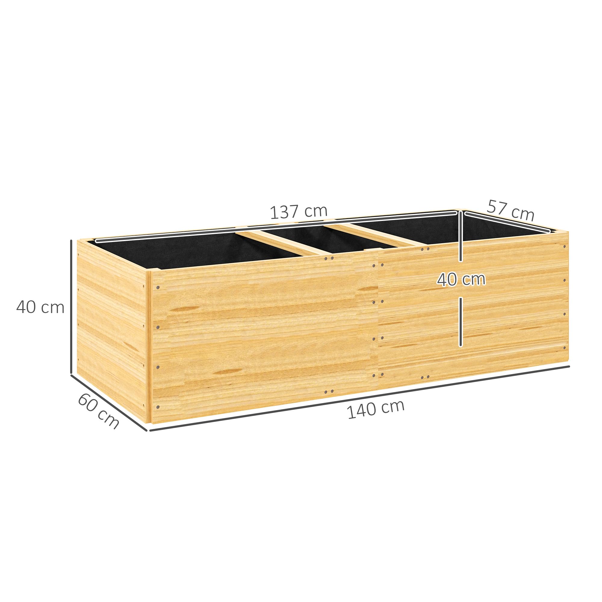 Outsunny Letto per Orto Rialzato da Esterno Divisa in 3 Aree con Strato in Tessuto non Tessuto, Fioriera da Balcone in Legno di Abete, per Piante, Fiori, 140x60x40 cm, Color Legno