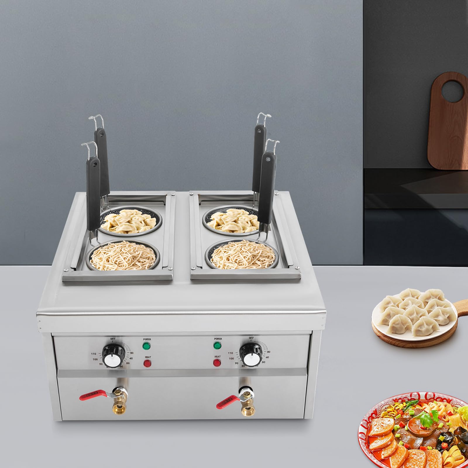 Casseruola per asparagi, fornello per pasta in acciaio inox, 220 V, fornello per pasta con 4 scomparti, pentole per pasta con 4 cestelli, 2 lavelli separati da 9 l, zona di riscaldamento 30-110 °C
