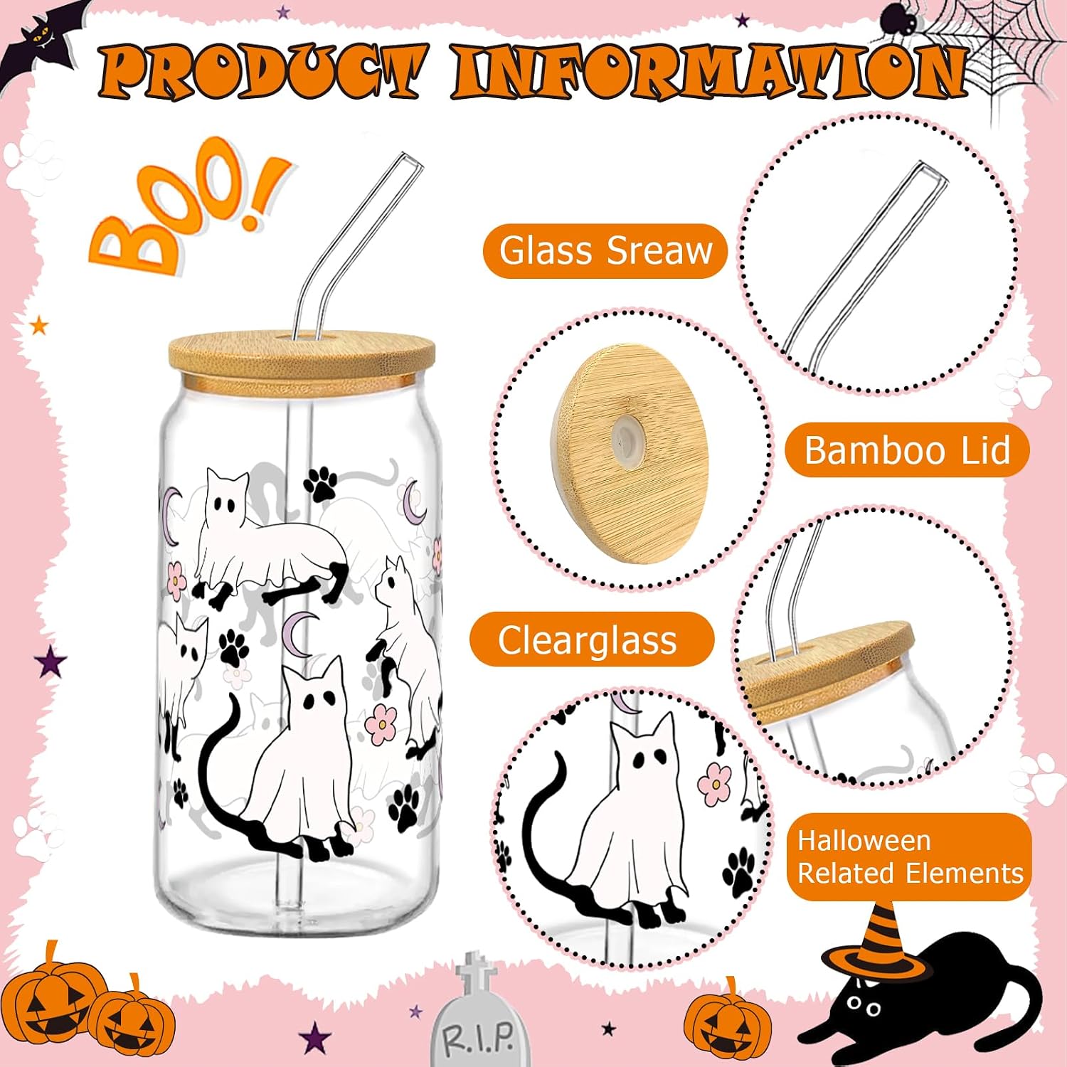 6 Pcs Halloween Drinking Glasses with Lids and Straws, 16oz Cute Cat Ghost Pumpkin Paw Moon Floral Bat Can Shaped Beer Glasses Set for Women Teenager Birthday Party Gift