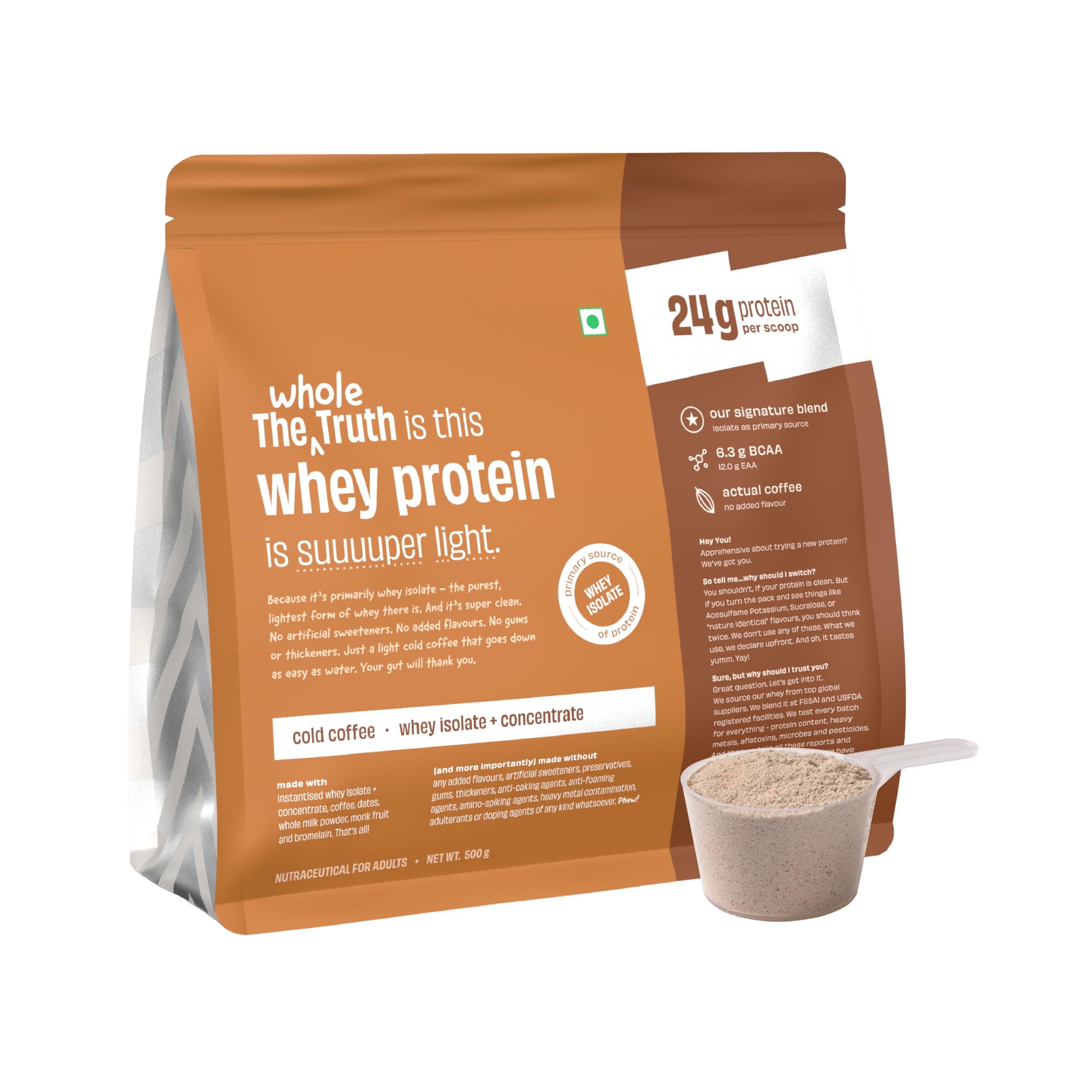 The Whole Truth Whey Protein Isolate + Concentrate Blend | Cold Coffee | 500g (1.1 lbs) | 24g Protein | 6.3g BCAA