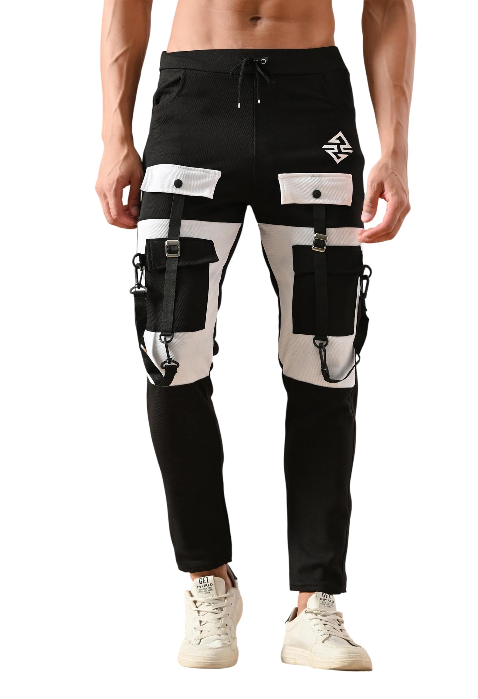 Men's Black Arrow Cargo Joggers | Slim Fit Color Block Multi Pocket Drawstring Stretch Track Pants-picture-10