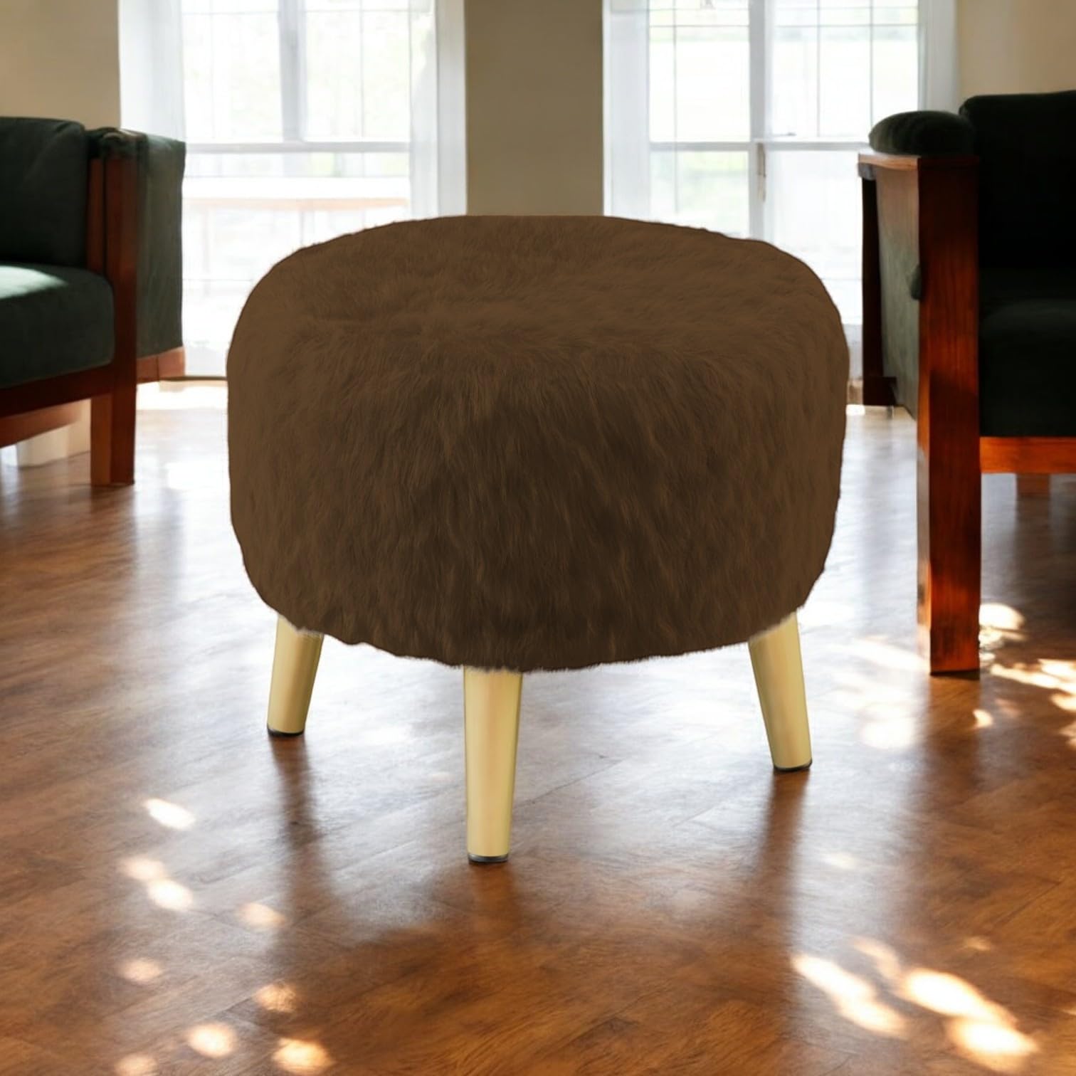 Round Metal Legs Faux Fur Ottoman Stool (Brown)-image-44