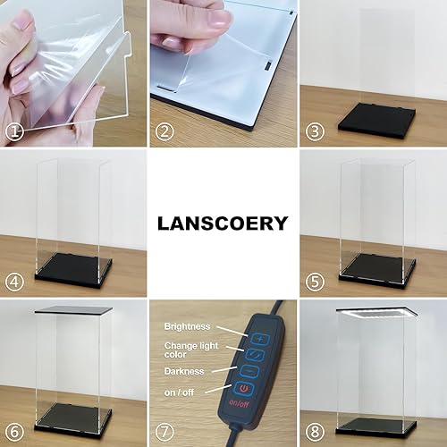 Miniatura 5 de LANSCOERY Vitrina de acrílico transparente con luz, soporte vertical para caja de exhibición con base negra, escaparate de protección a prueba de