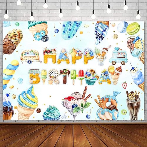 Telón de fondo de cumpleaños de helado de 7 x 5 pies para niños y niños, helado de verano, decoraciones de fiesta de feliz cumpleaños, pastel