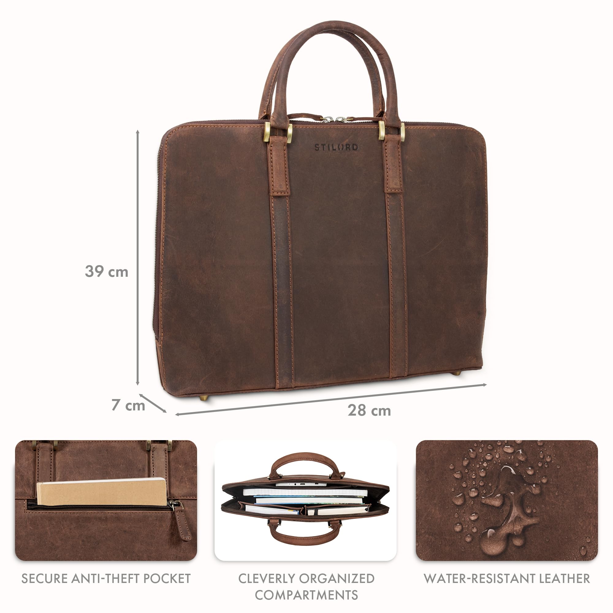 STILORD "Leonora Schmale Aktentasche Damen Leder Dokumententasche A4 - Elegante Büro Tasche 15,6-16 Zoll Laptoptasche Echtleder mit Standfüßen für Arbeit & Uni Farbe:aneto - braun