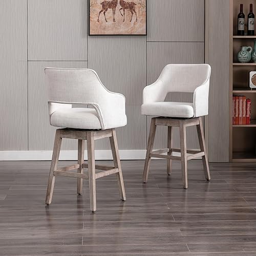 Miniatura 4 de Juego de 2 taburetes de bar giratorios de madera de 28 pulgadas con respaldo abierto medio, taburete tapizado de lino para isla de cocina, bar en