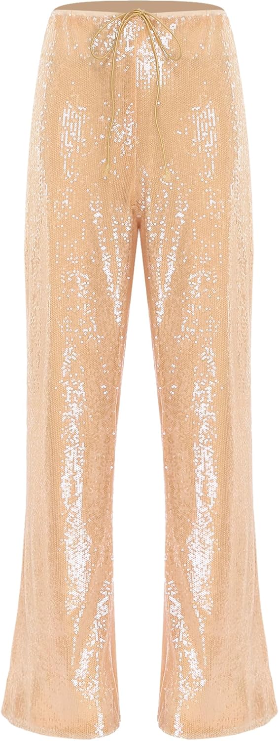Yhong Women's Sequin Pants Glitter Dance Trousers Fully Lined Drawstring Straight Leg Pants for Disco Club