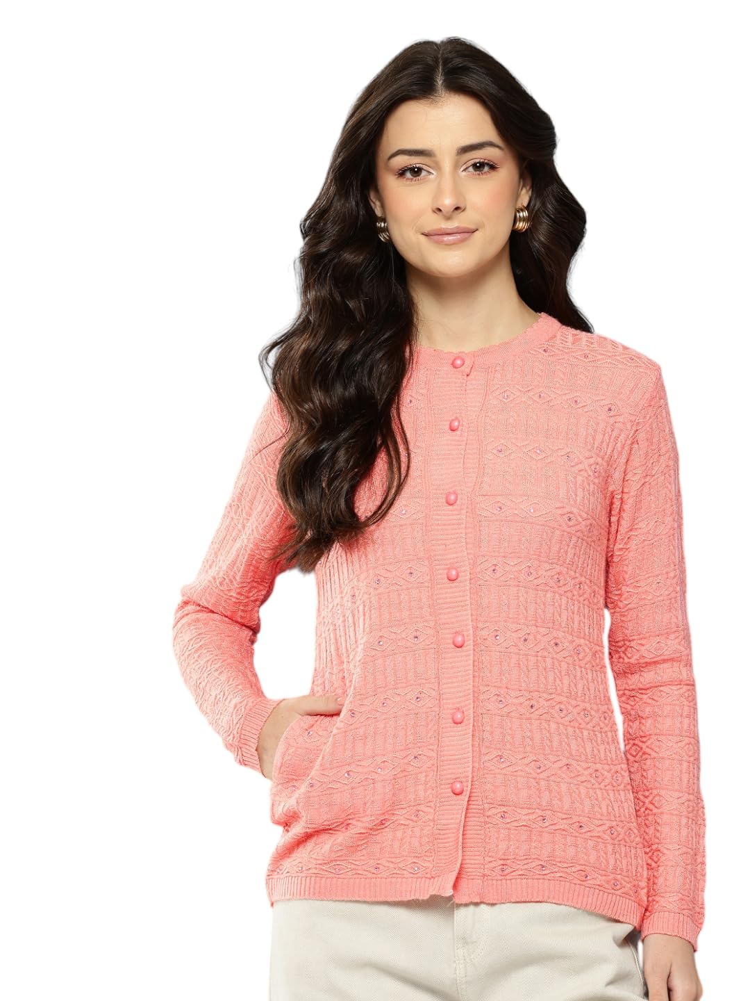 Womens Winter Wear Cream Colour Solid Woolen Cardigan-image-16