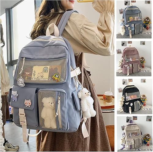 Miniatura 3 de Mochila Kawaii para niñas con bonitos accesorios de alfiler, colgante de felpa, mochila estética universitaria Kawaii, Azul (Blue BackPack), Classic