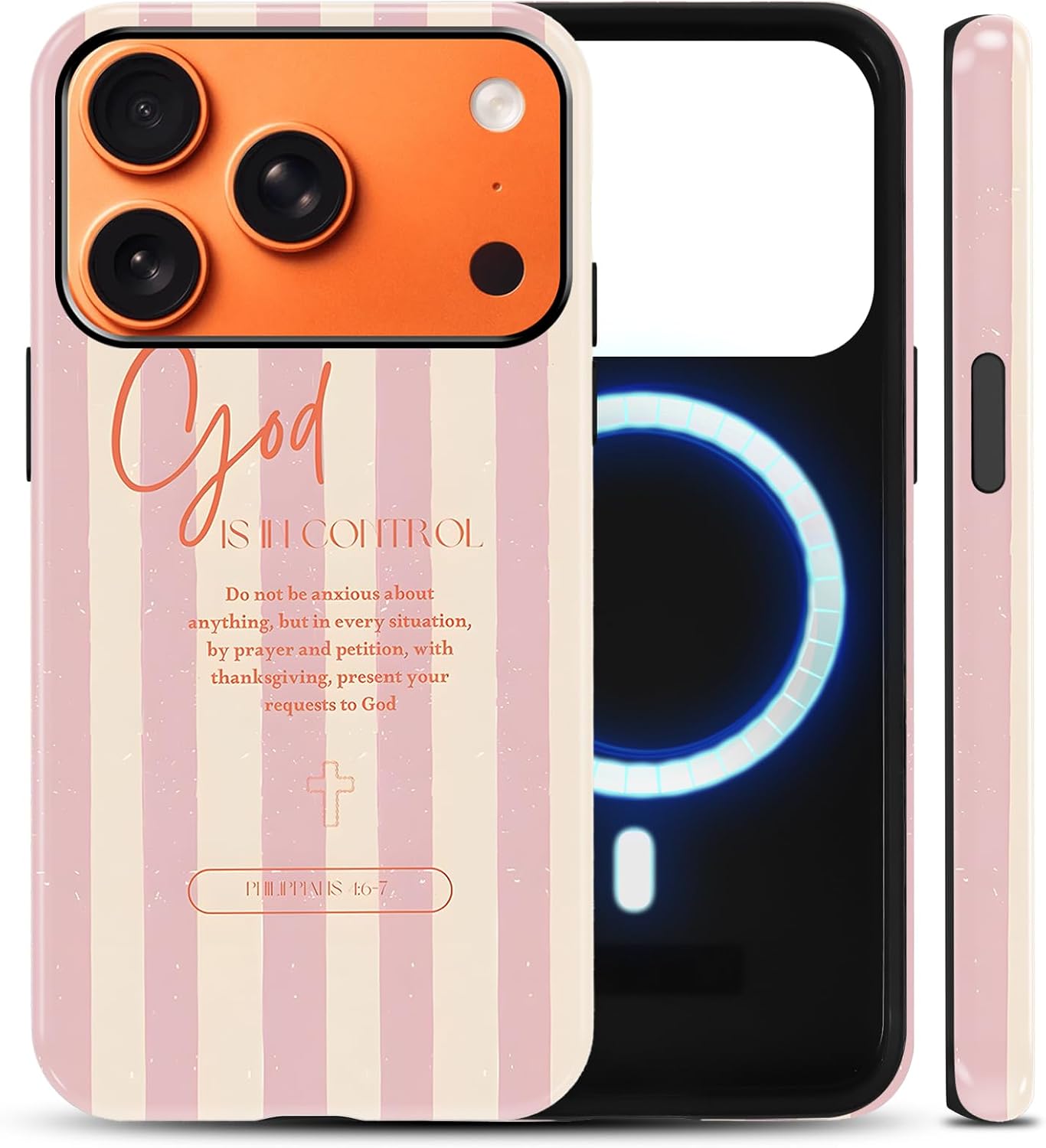 Pink Cute Striped Phone Case for iPhone 17 Pro Max 6.9" Compatible with Magsafe, Aesthetic Stripes Pattern Christian Bible Verse Cover 2-in-1 Double Protective Cases for Girl Boy