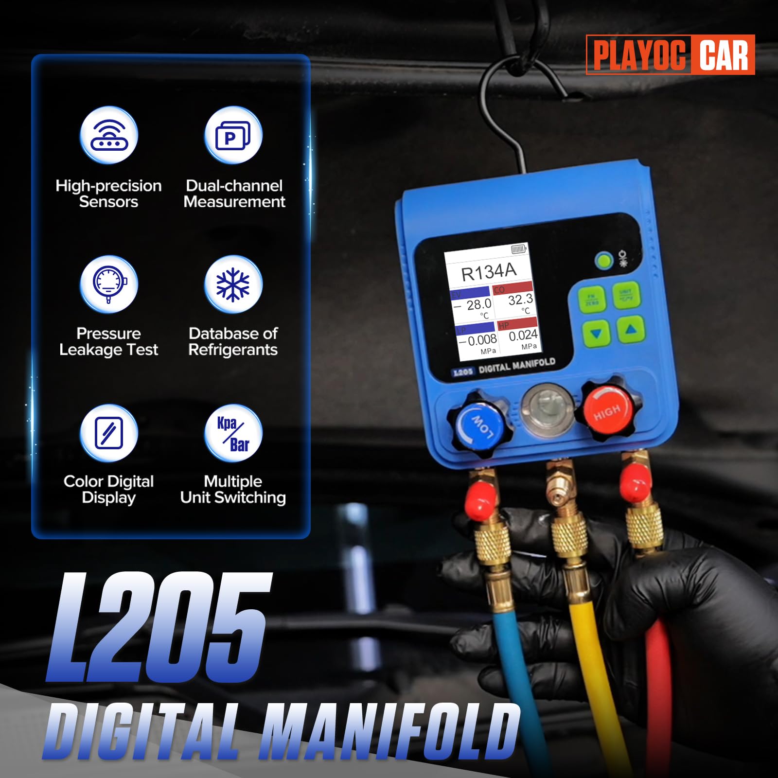 Refrigeration Digital Manifold HVAC Gauge Kit, Vacuum Pressure Temperature Leakage Tester Set for Testing Maintaining Air-Conditioner, Refrigerator - with Test Clip & Pipe (L205)